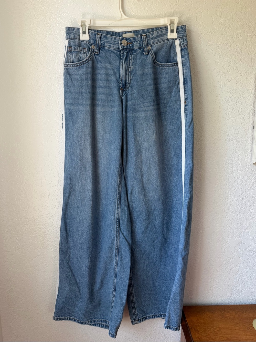 Simple Society Medium Wash Denim Wide-leg Jeans with White side stripe 1/25